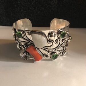 Moonstone Coral Peridot 925 Sterling Silver Cuff Bracelet
